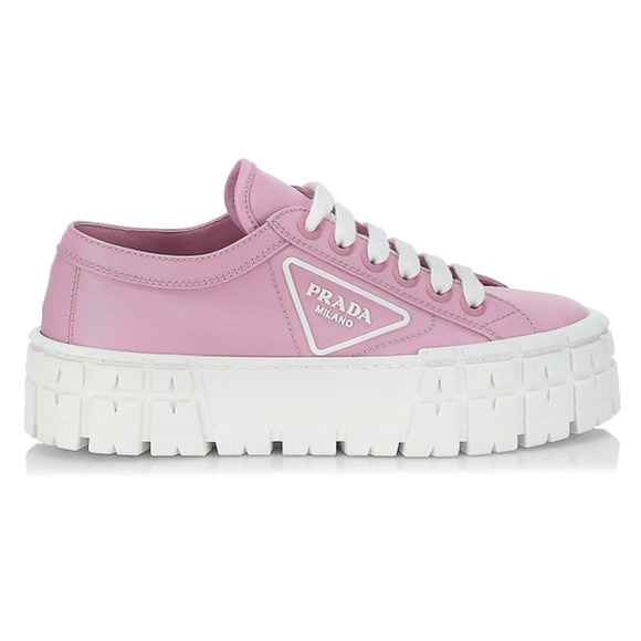 Prada Pink Nylon White Platform Lug Sole Lace Up Flat Low Top Trainer Sneaker 37 - Picture 1 of 10